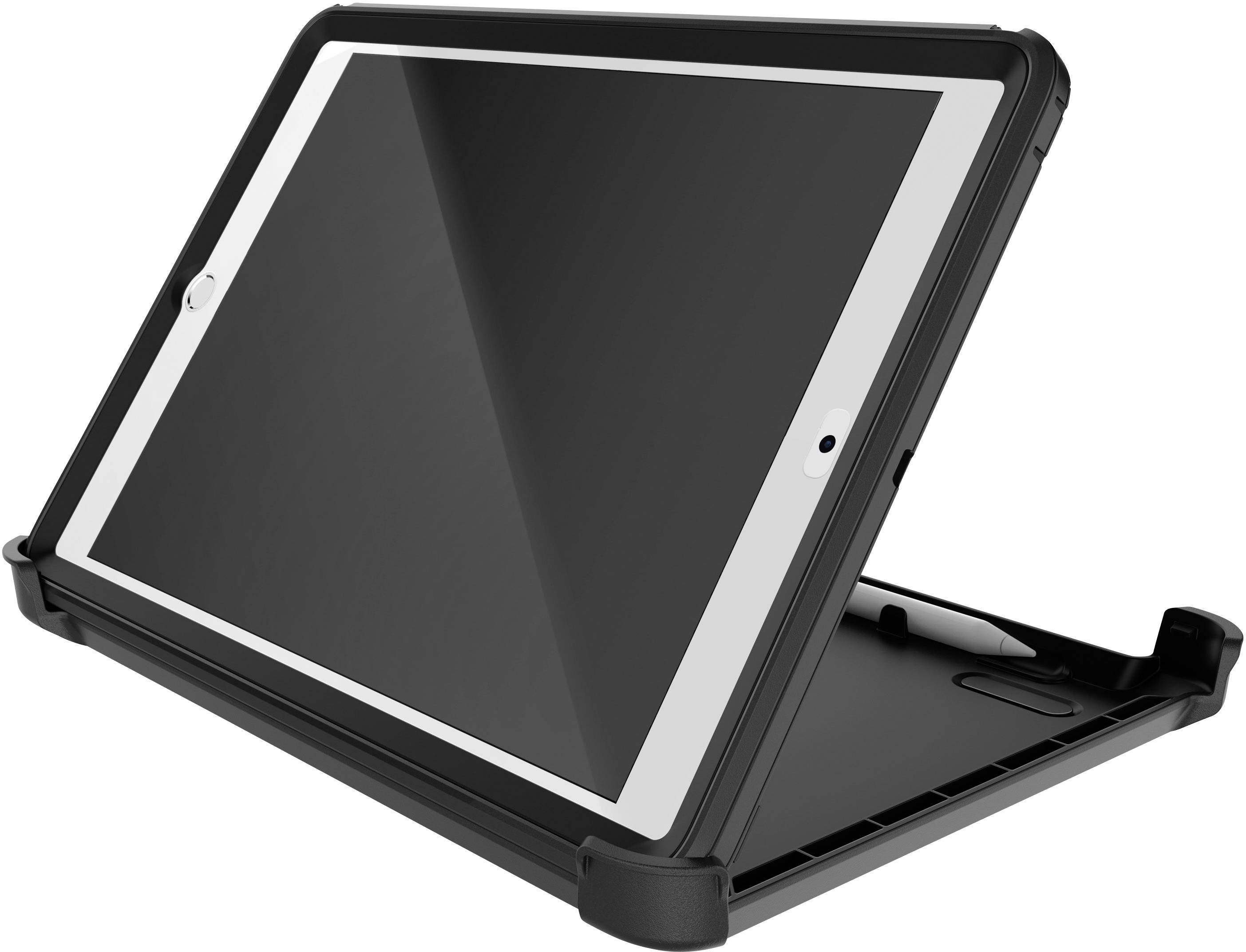 Een tablet in een zwarte beschermhoes, opengevouwen en licht schuin geplaatst, toont zijn scherm. Geschikt voor bescherming en gebruik op tafel.