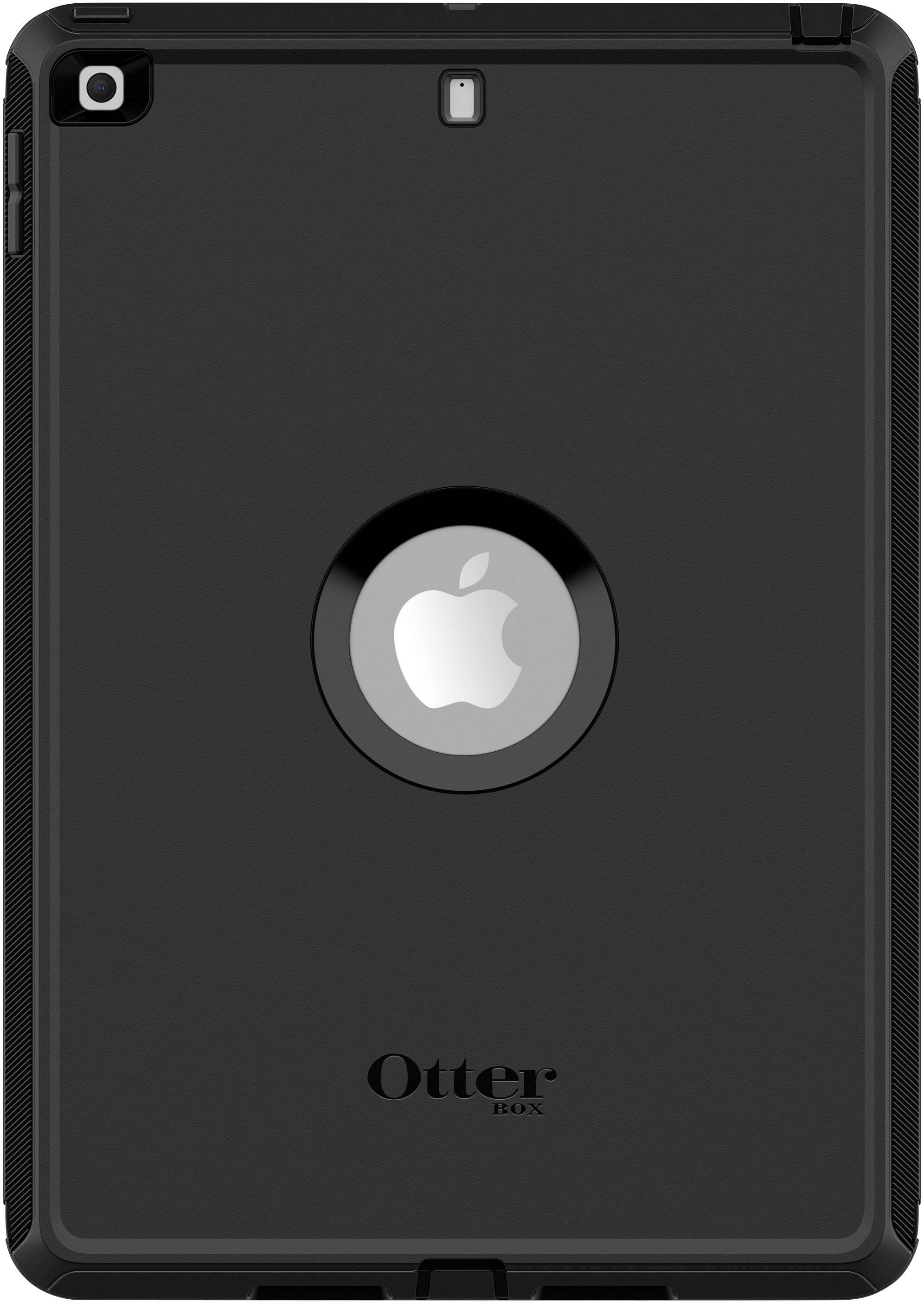 Een zwarte beschermhoes voor een tablet, met een ronde uitsparing die het Apple-logo zichtbaar laat. Merknaam 'Otter' onderaan de rand.