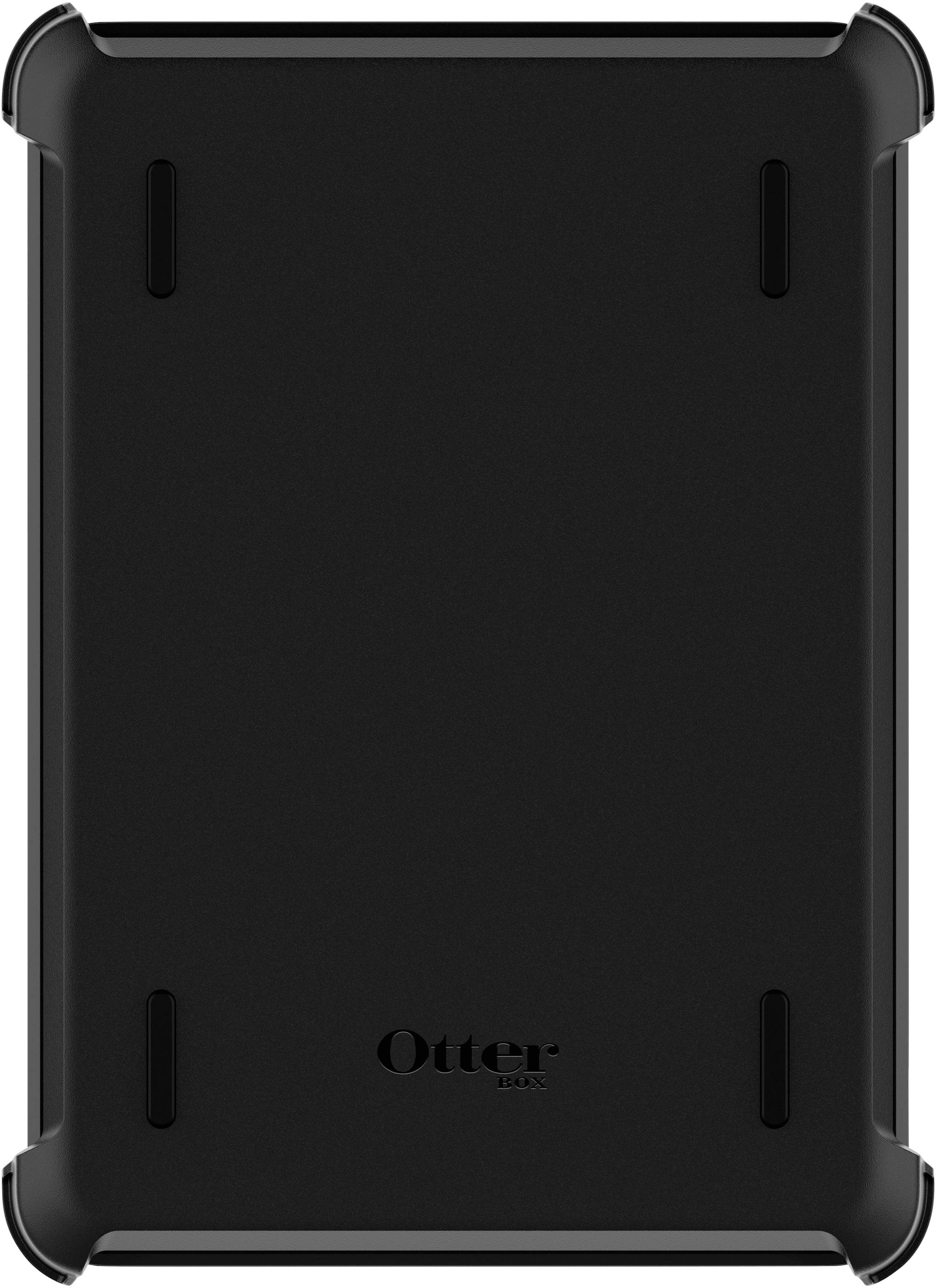 Zwarte beschermhoes voor een tablet, rechthoekige vorm, met afgeronde hoeken en verticale inkepingen, merklogo in het midden.