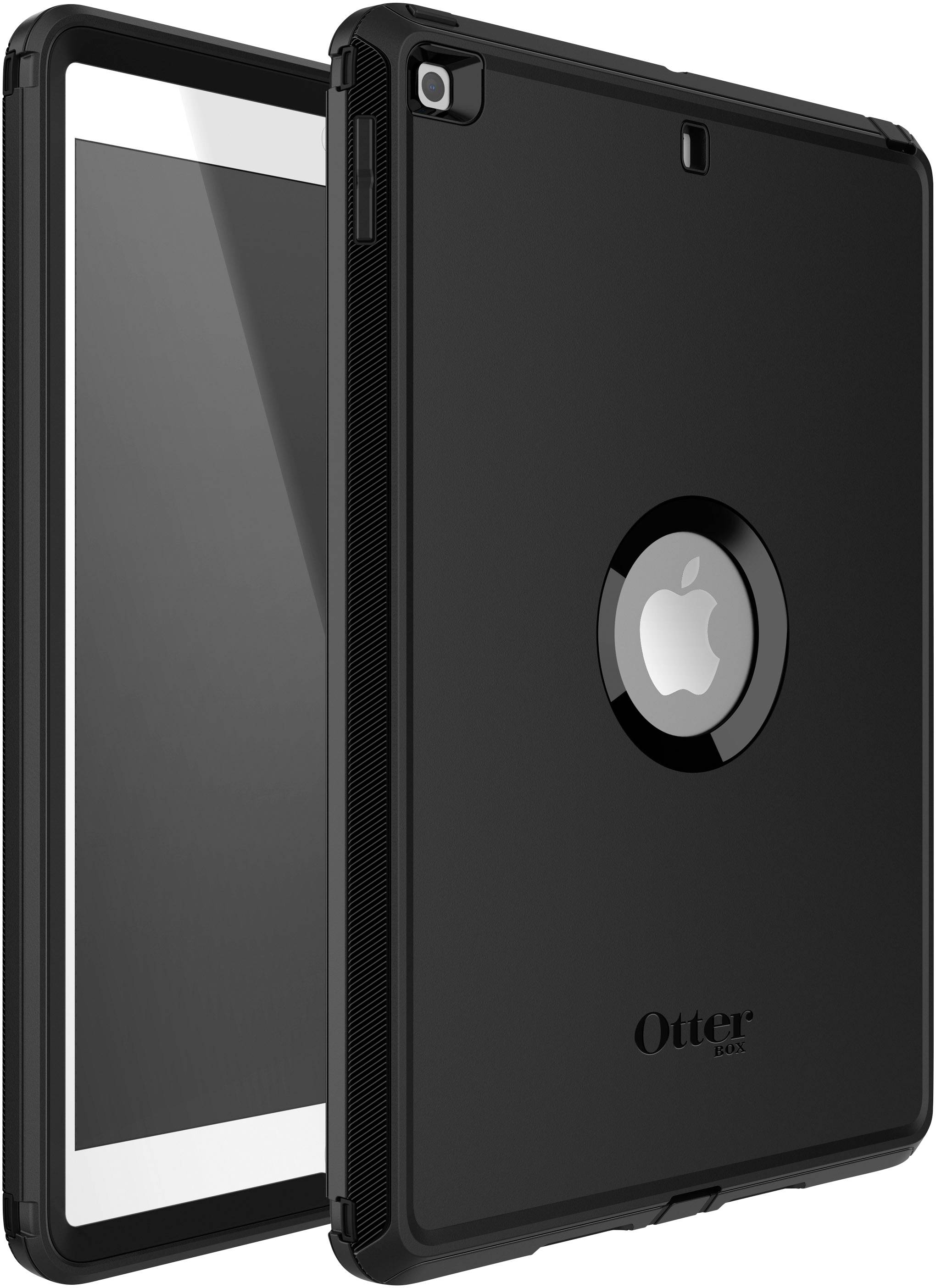 Zwart tablet met een stevig hardshell-hoesje; achterzijde toont Apple-logo, voorzijde spiegelglad. Beschermt tegen stoten en krassen.