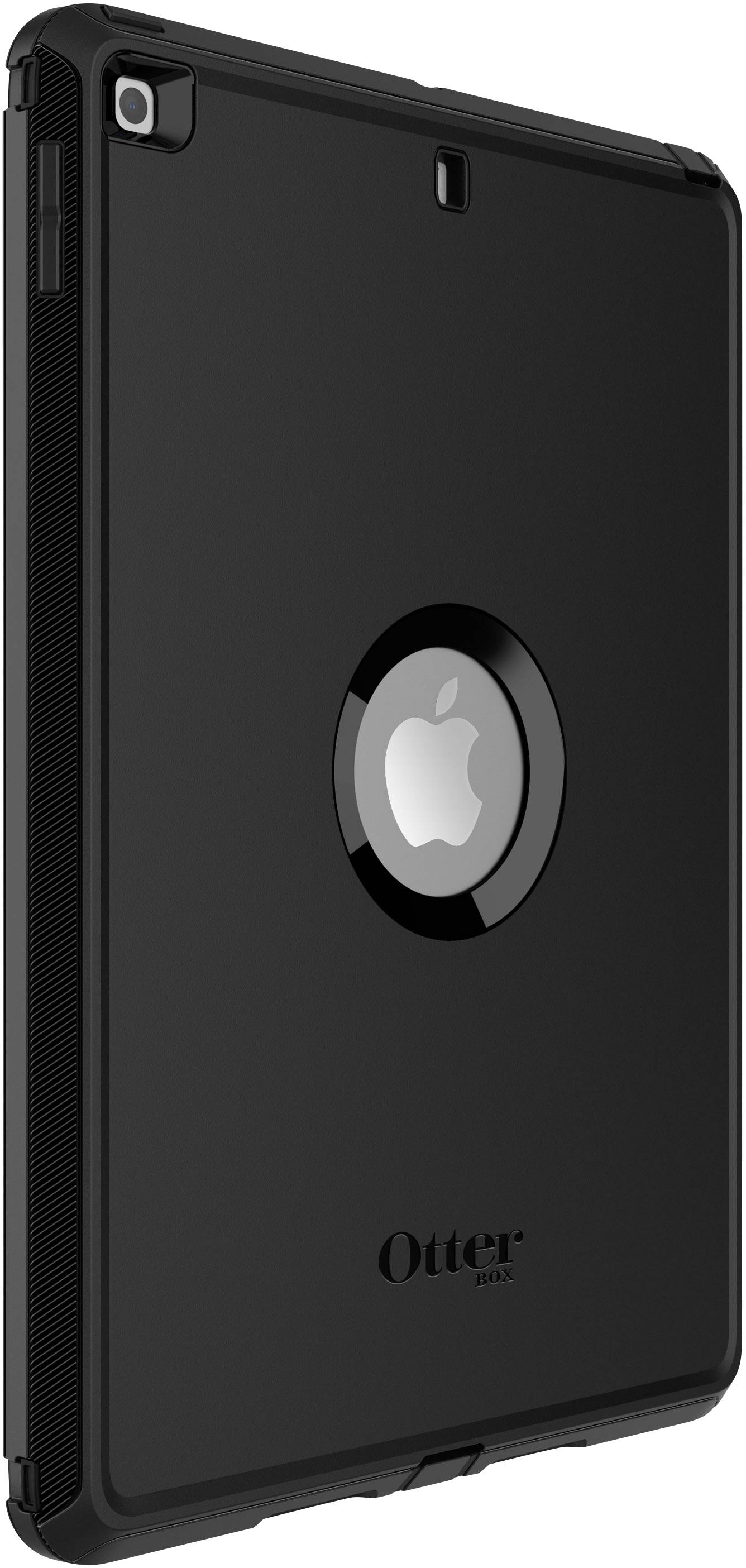 Een zwarte tablet-beschermhoes met een rond uitsparing die het Apple-logo zichtbaar maakt.