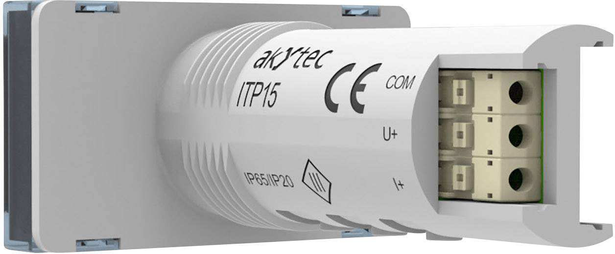 Een witte elektronische component met het opschrift 'akYtec ITP15', met aansluitklemmen en CE-markering.