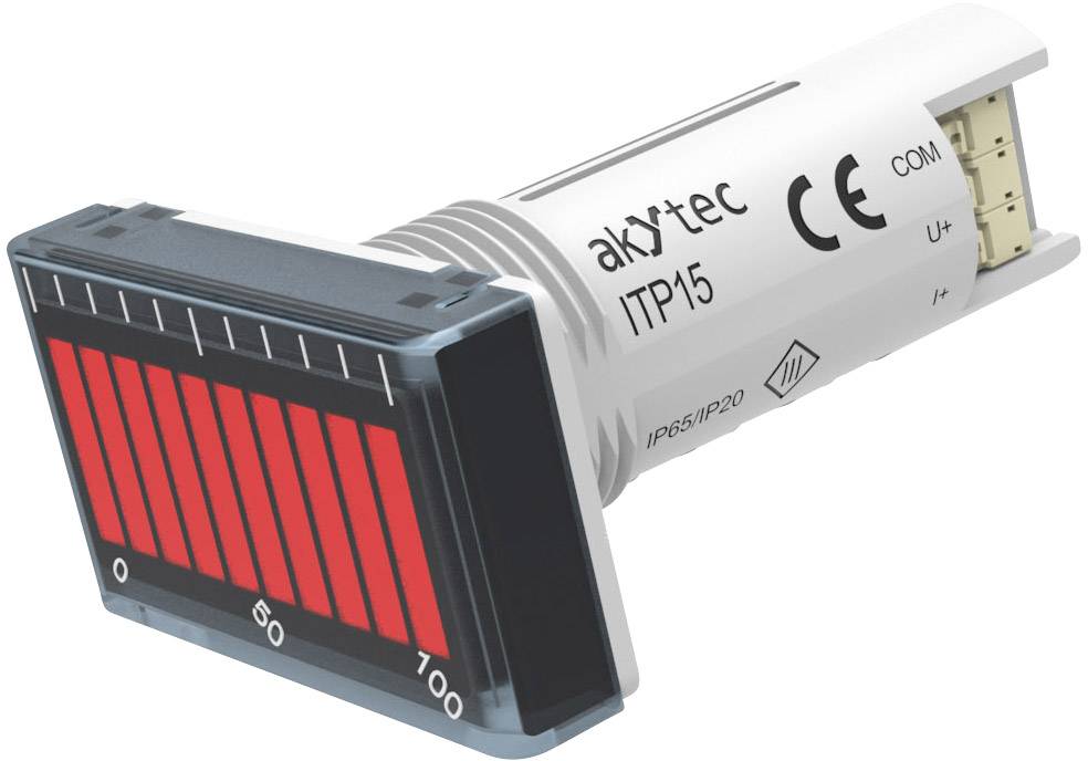 Een digitaal weergave-instrument met rode LED-schaal van 0 tot 100. Markering toont 70 aan. Gemerkt met 'akYtec ITP15', CE- en IP65/IP20-symbolen.