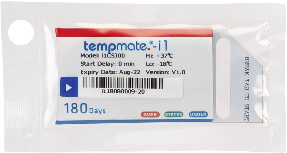 Klein apparaat voor temperatuurmonitoring, model 'tempmate. i1', toont temperatuurbereik van +37°C tot -18°C, vervaldatum aug. 22.