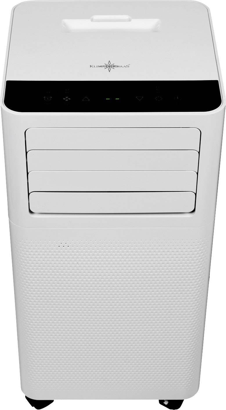 Wit mobiel airconditioningapparaat met wielen, een zwart bedieningspaneel bovenop en meerdere ventilatiesleuven aan de voorkant.