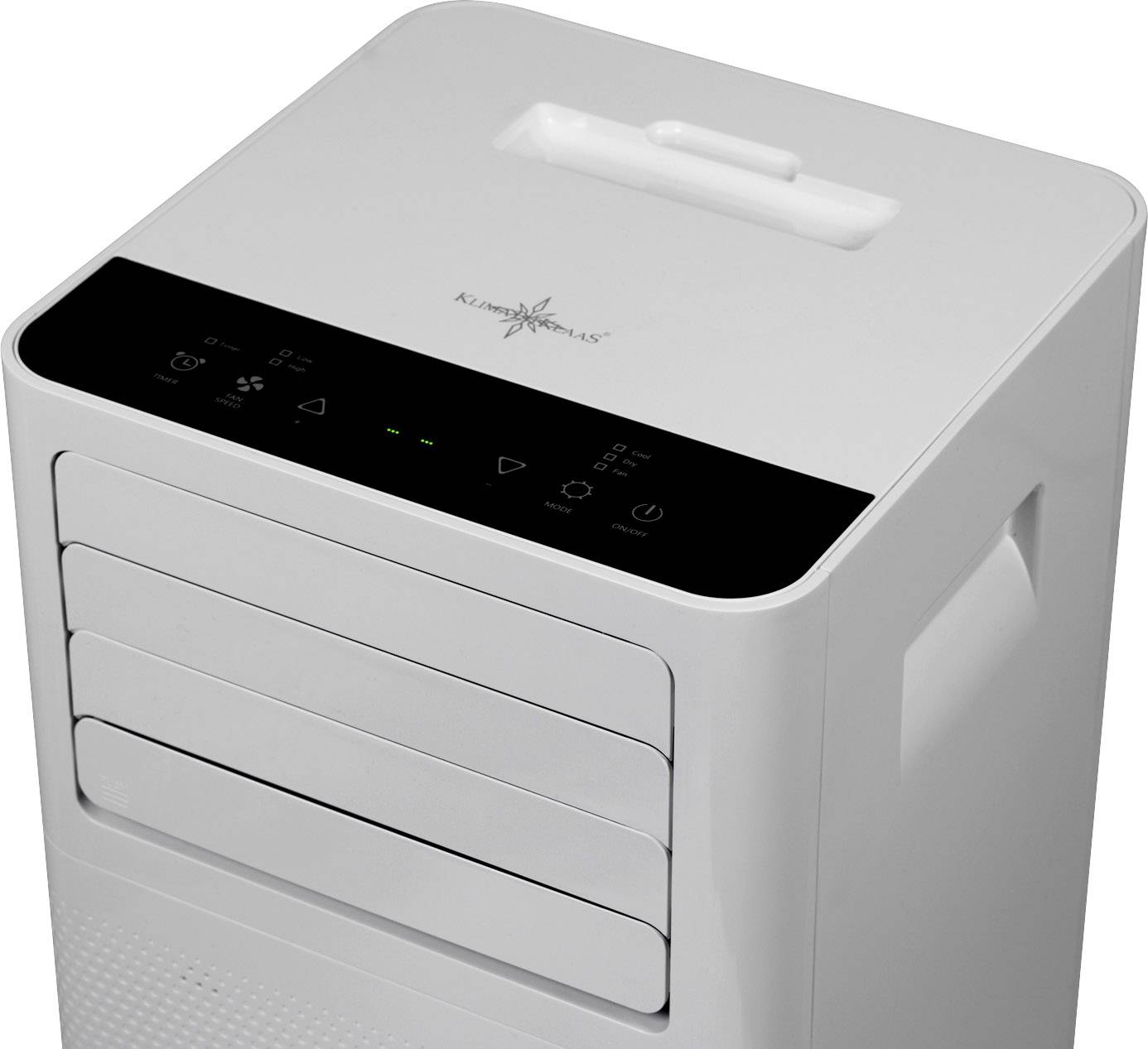 Ontvochtingsapparaat met zwart bedieningspaneel, witte draaiknoppen en zijgreep, geschikt voor het verlagen van de luchtvochtigheid in ruimtes.