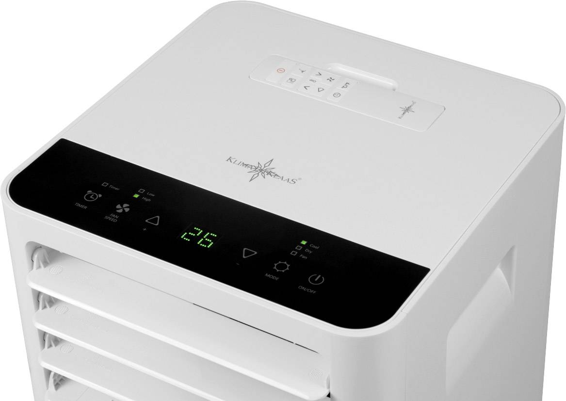 Een witte airconditioningventilator met een digitaal display dat '25°C' aangeeft. Bovenaan bevinden zich bedieningselementen en LED-indicatoren.