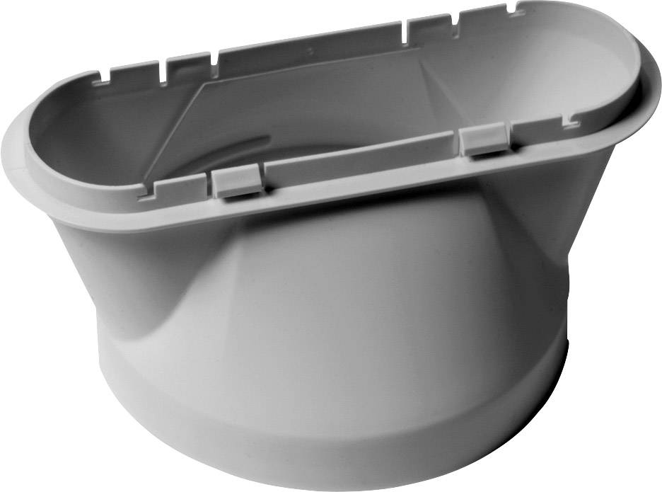 Een ovaal, grijs kunststof onderdeel met zijdelingse clips en een afgeronde onderkant, vermoedelijk een adapter of verbindingscomponent.