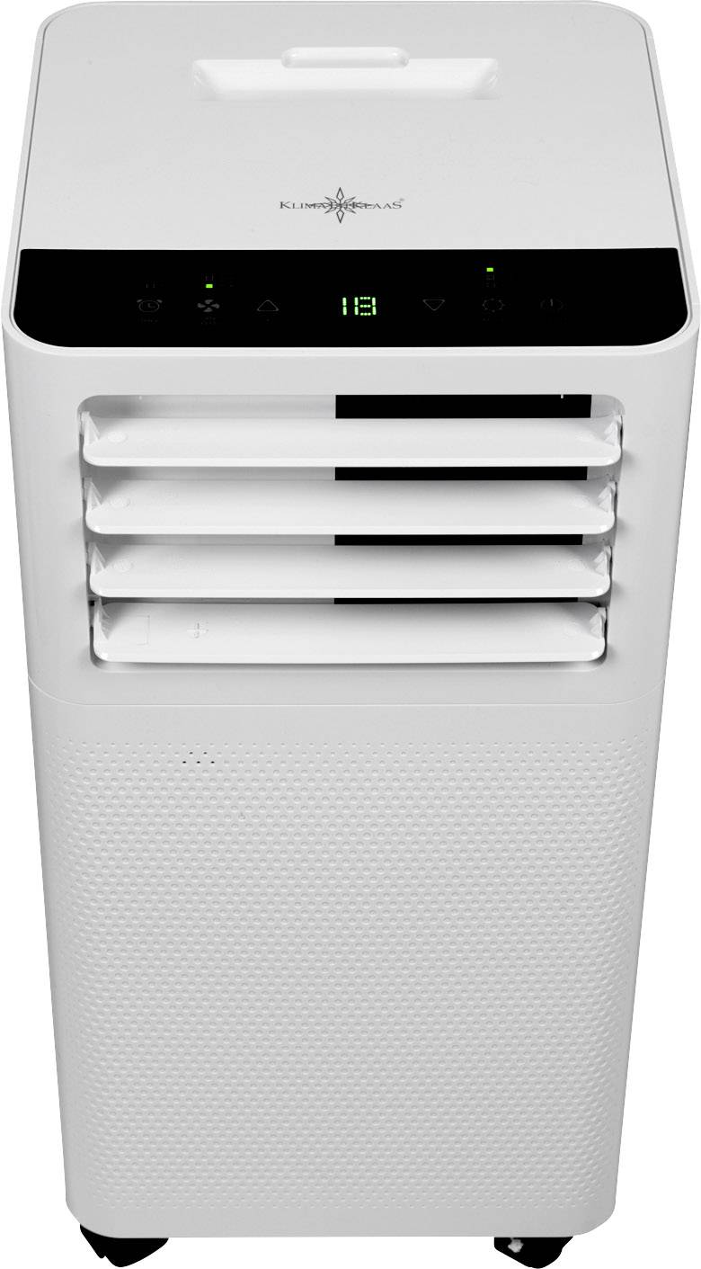 Mobiele airconditioning met digitaal display ingesteld op 18 graden Celsius, verluchtingssleuven aan de voorkant, gemonteerd op wielen voor eenvoudige verplaatsing.