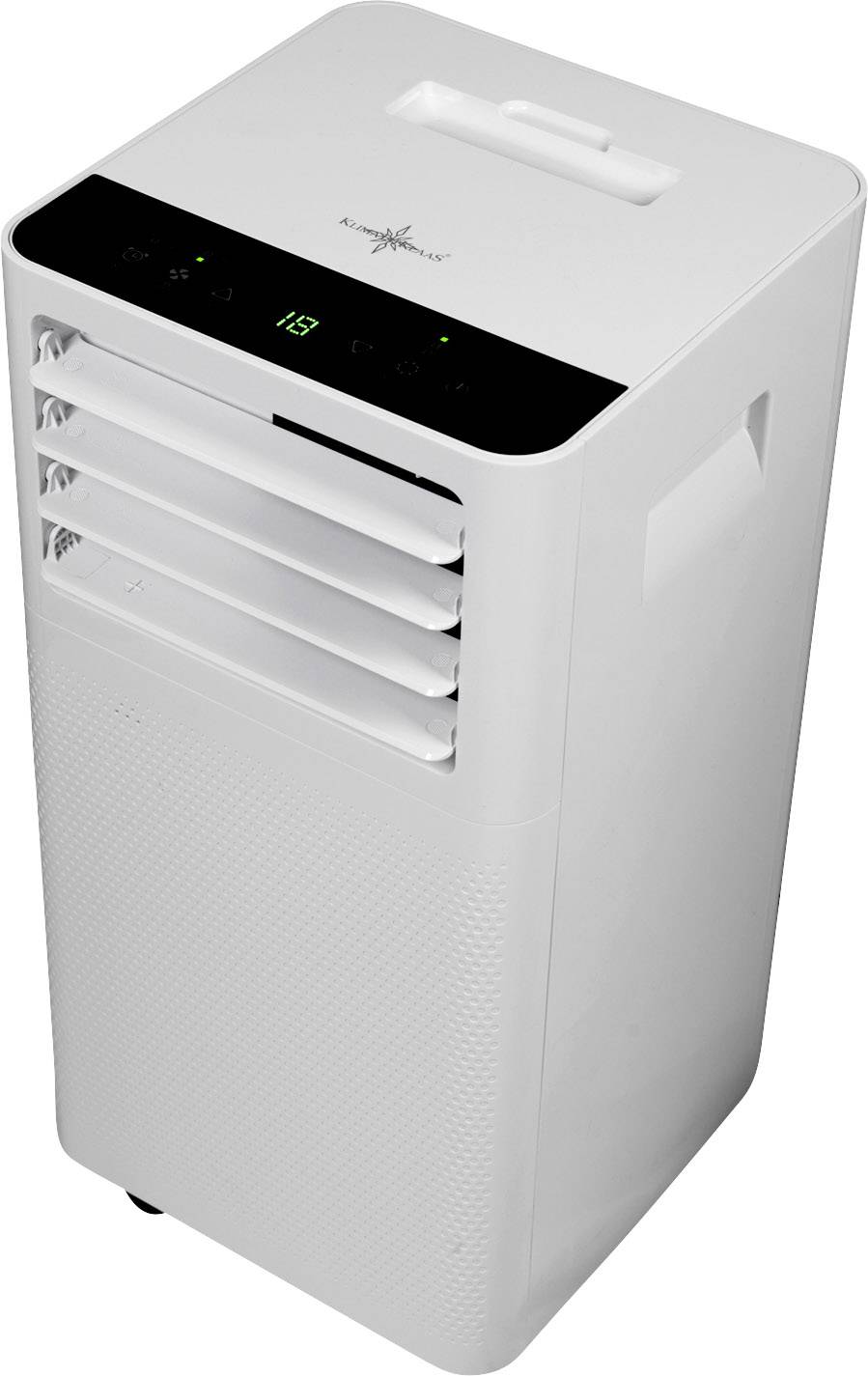Een witte draagbare airconditioning met bedieningspaneel bovenaan, luchtroosters aan de voorkant en een zijdelingse handgreep. Ideaal voor het koelen van kleine ruimtes.