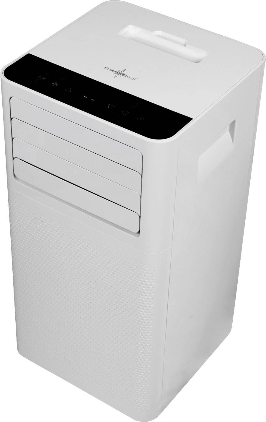 Witte, rechthoekige luchtkoelapparaat met bedieningsknoppen aan de bovenkant en een handgreep. Ideaal voor het koelen van binnenruimtes.