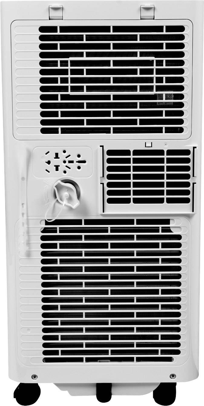 Een draagbare airconditioning met ventilatierooster en bedieningselementen aan de voorkant, waaronder verschillende knoppen voor instellingen.