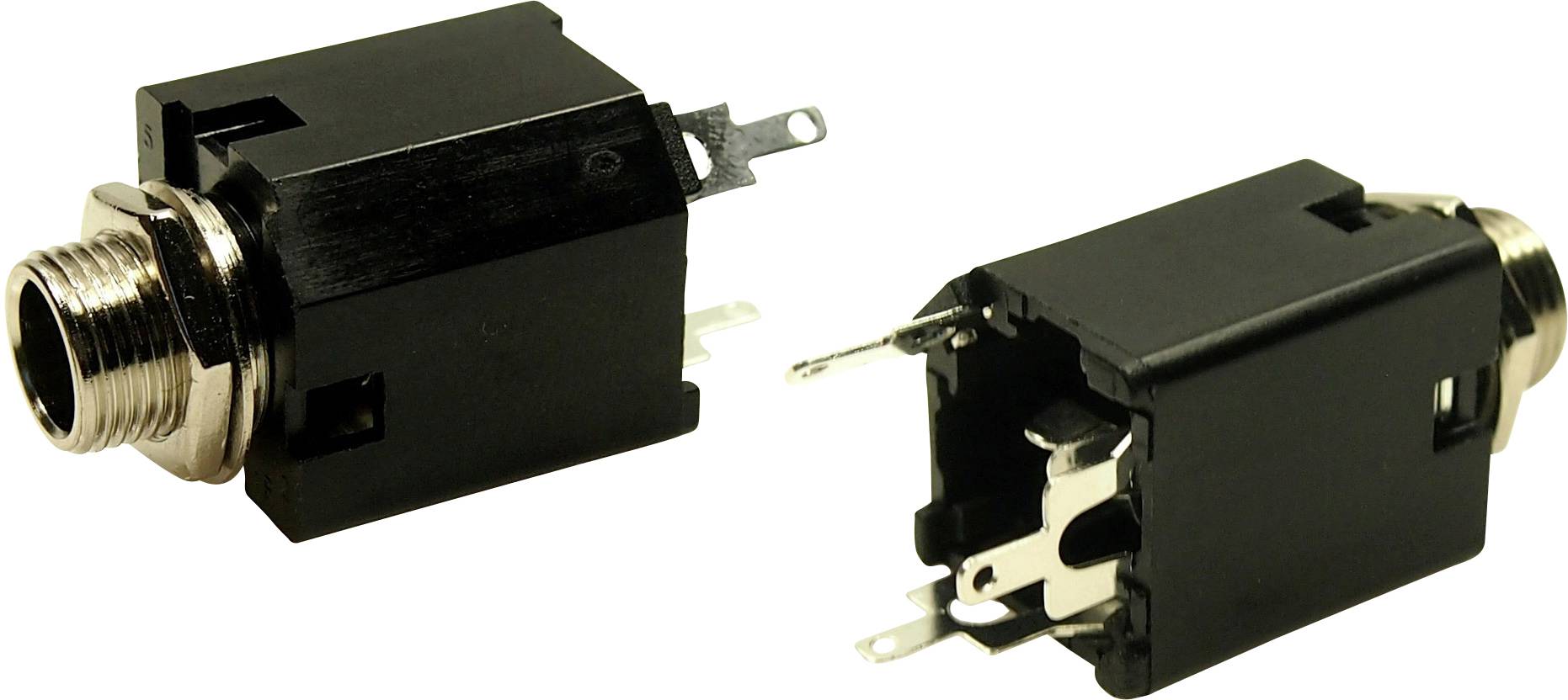 Twee zwarte jackbussen met metalen onderdelen in verschillende posities, die kunnen worden gebruikt voor elektrische apparaten.