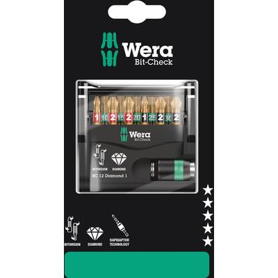 De 'Wera Bit-Check 12 Diamond 1' bevat 12 schroevendraaier-bits in verschillende kleuren en maten, met diamantgecoate technologie.
