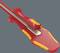 Een rood, geabstraheerd model van een chirurgisch instrument op een grijze achtergrond, met gele en zilveren details.