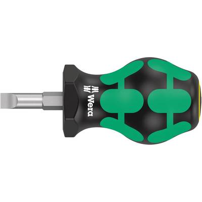 Schroevendraaier met ergonomische handgreep, zwart en groen ontwerp, korte punt voor nauwkeurig schroeven. Merk 'Wera' zichtbaar.