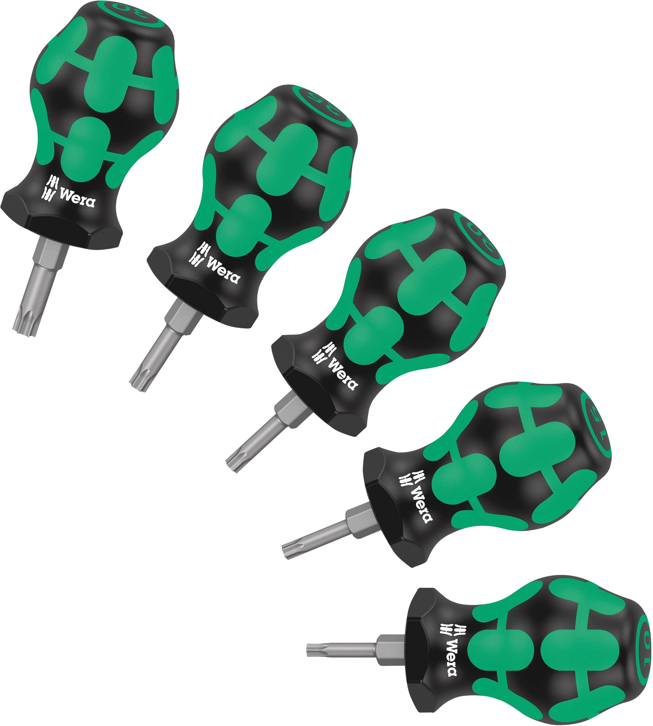 Vijf groene en zwarte schroevendraaiers met ergonomische handgrepen voor Torx-schroeven. Merklogo zichtbaar op elke handgreep.