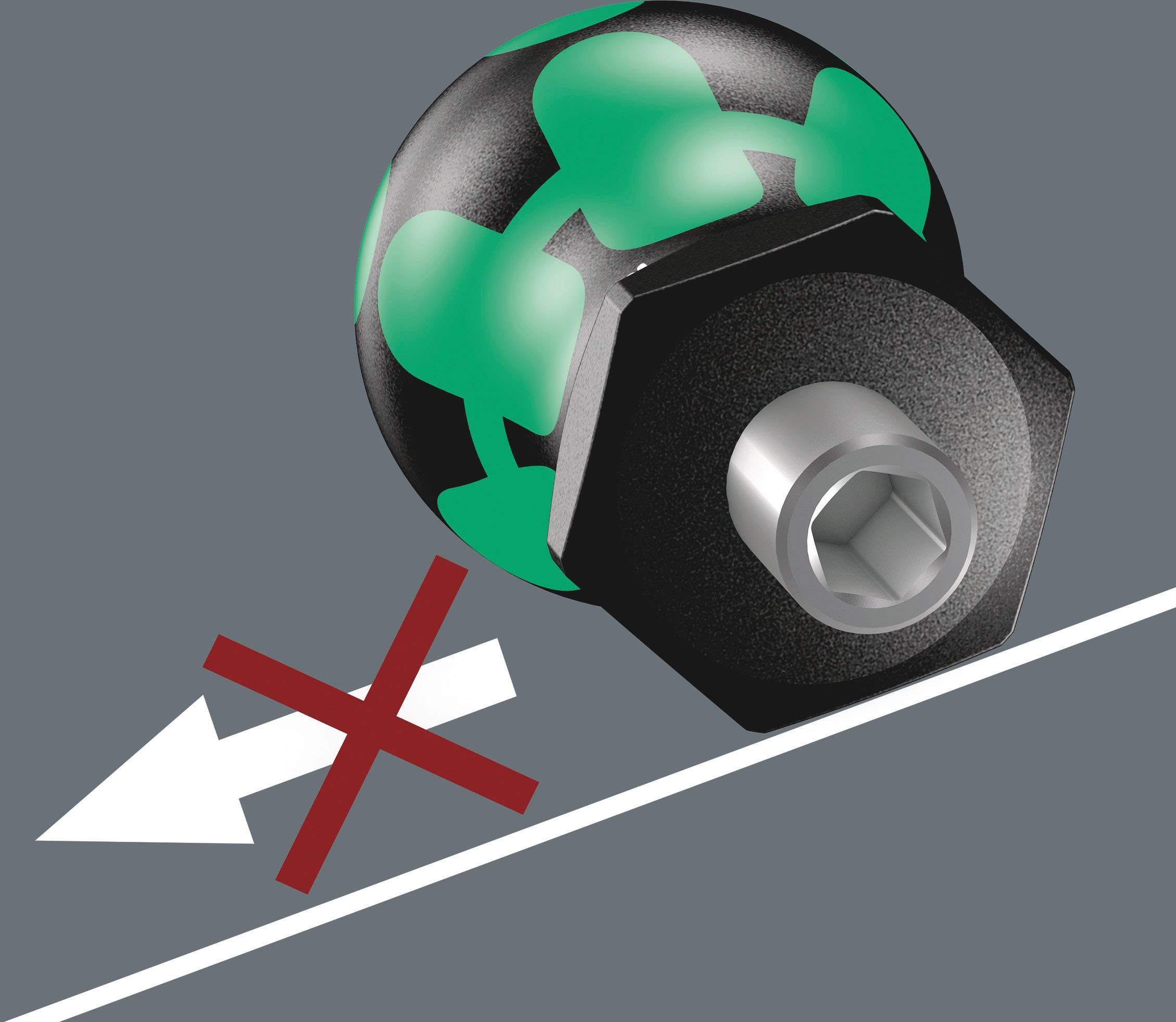 Een schroefkop met een groen patroon op een grijze achtergrond, een pijl en een rode 'X' geven aan dat draaien niet is toegestaan.
