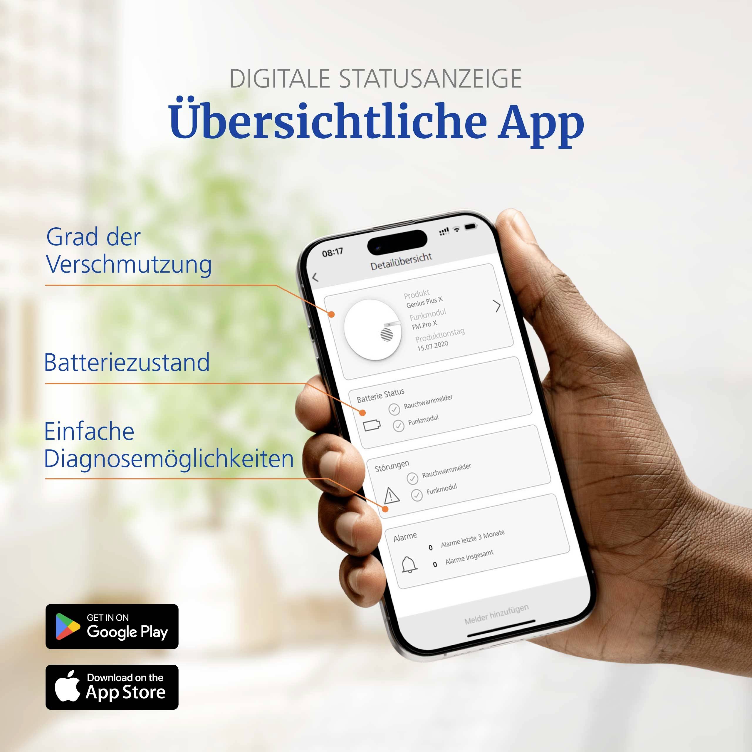 Een hand houdt een smartphone vast waarop een Duitse app-interface wordt weergegeven. Tekst belicht functies: 'Vuilvgraad,' 'Batterijstatus,' 'Eenvoudige diagnose.' Beschikbaar op Google Play en App Store.