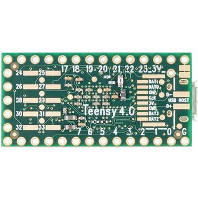 Microcontroller-printplaat 'Teensy 4.0' met talrijke aansluitpinnen en etiketten op een groene printplaat.