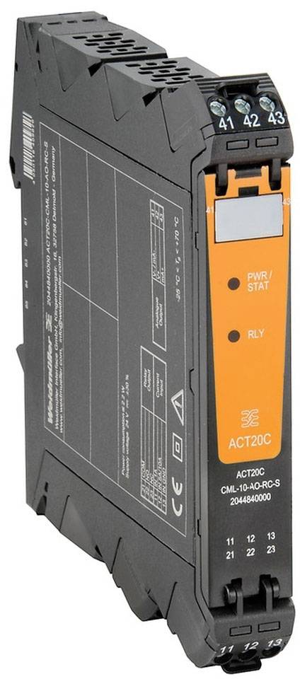Een zwart, rechthoekig elektronisch apparaat met een oranje voorkant, gemarkeerd met 'PWR/STAT' en 'RLY', toont aansluitingen en technische symbolen.