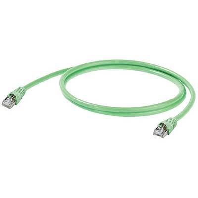 De afbeelding toont een groen Ethernet-kabel met twee RJ-45-connectoren aan de uiteinden, gebruikt voor netwerkverbinding.