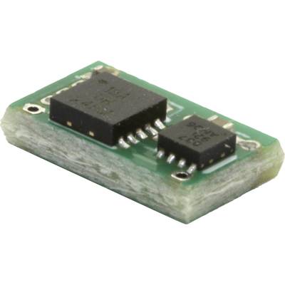 'Close-up van een groene microchip met meerdere zwarte elektronische componenten en zilveren aansluitingen op een printplaat.'