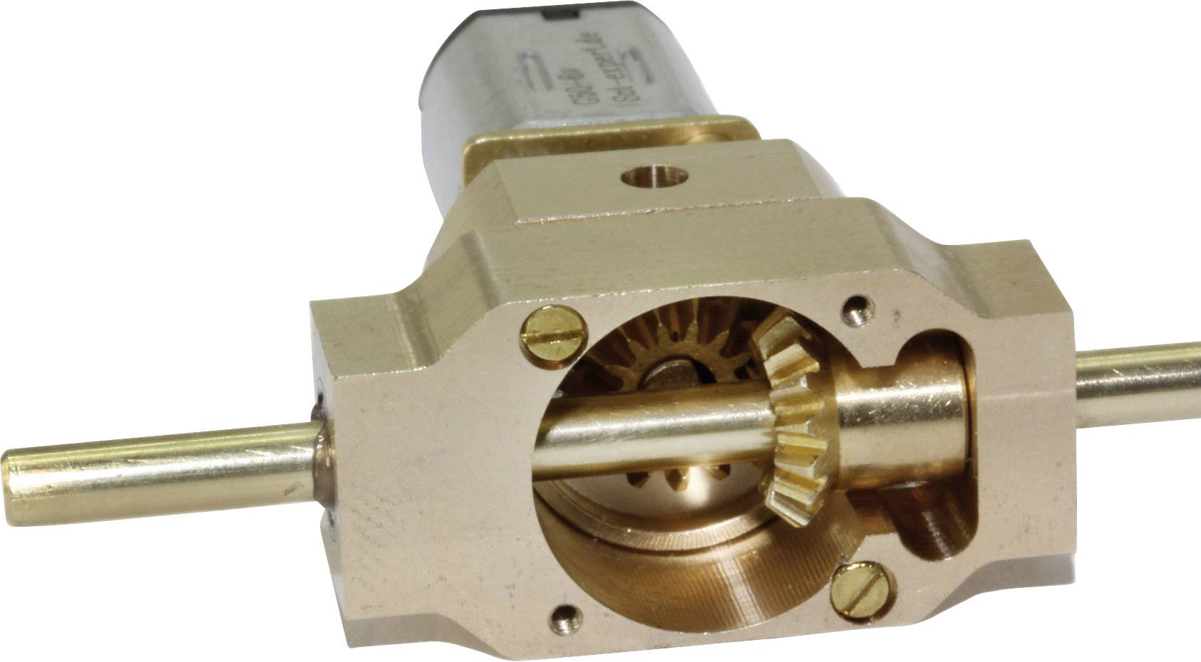 Messing-gekleurde tandwielkast met open tandwielenmechanisme, toont tandwielen en aslijn, geschikt voor technische demonstraties.