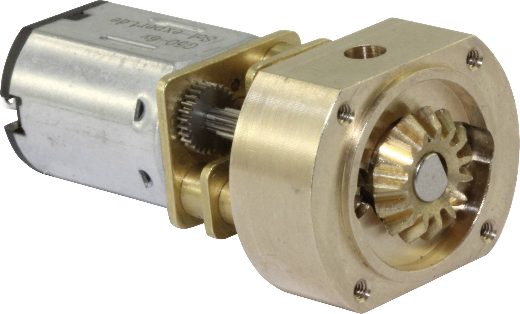 'Gouden planetaire tandwieleneenheid met zichtbare tandradmechanismen en een zilveren motor. Mechanische samenstelling zichtbaar.'