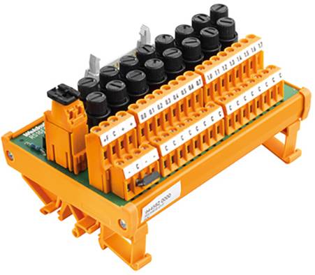 Een oranje elektrische aansluitklem met meerdere in- en uitgangen, geschikt voor industriële bekabelingstoepassingen.
