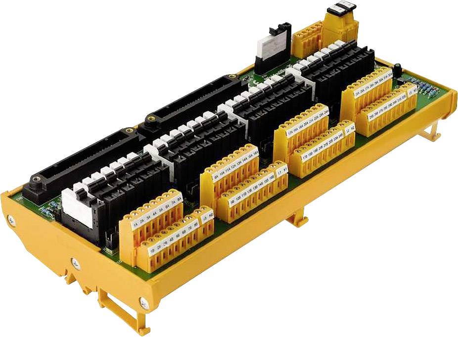 Gele elektrische aansluitklem met meerdere zwarte en gele steekcontacten, gemonteerd op een groene printplaat.