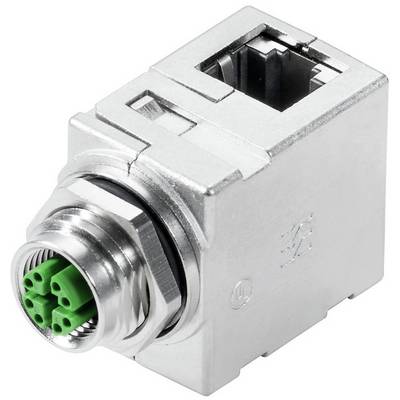 Een rechthoekige, zilveren adapter met RJ45-aansluiting en een ronde, groene stekker. Geschikt voor industrie- en netwerktoepassingen.