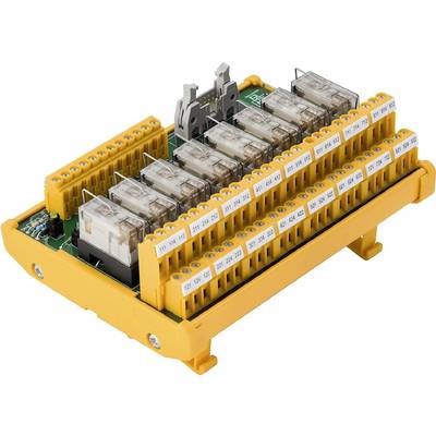 Elektronica-module met meerdere transparante relais en gele aansluitklemmen, gebruikt voor elektrische verbinding en besturing.