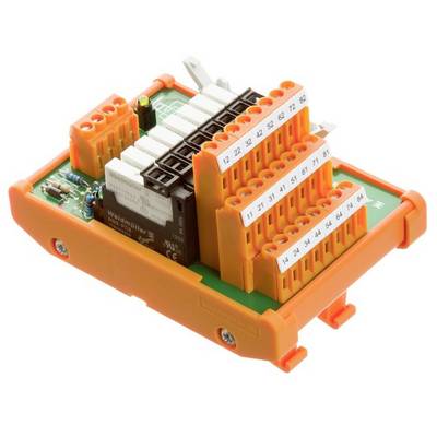 Elektronische module, oranje, met genummerde aansluitingen en draden voor precisie-bedrading en signaaldistributie.