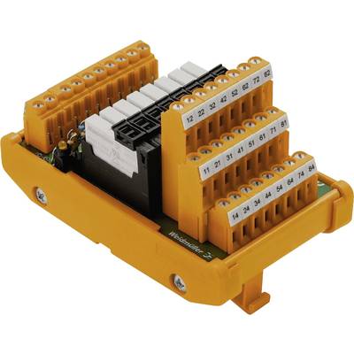 Een oranje elektrische verdeeleenheid met meerdere genummerde aansluitklemmen gerangschikt in rijen.