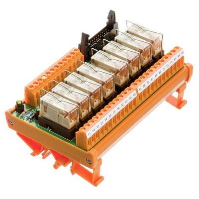Elektronische relaismodule met acht transparante relais in een oranje behuizing, gebruikt voor stroomkringbesturing in schakelkasten.