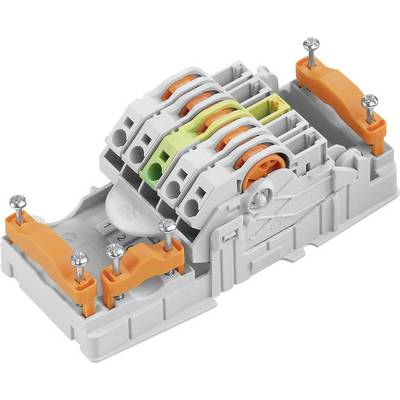 Elektronische stekkerverbinding met meerdere aansluitingen en schroeven; gebruikt voor het aansluiten van elektrische leidingen.