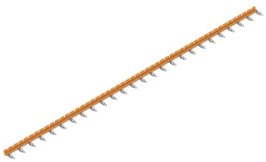 Lange oranje rail met meerdere kleine grijze haken gelijkmatig eronder verdeeld.
