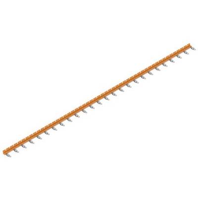 Lange oranje rail met meerdere kleine grijze haken gelijkmatig eronder verdeeld.