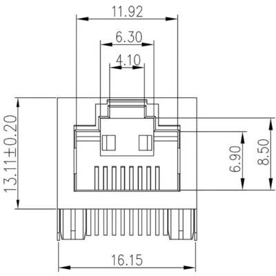 Technische tekening van een RJ45-aansluitbus met maatvoering: breedte 16,15 mm, hoogte 13,11 mm, diepte 11,92 mm.