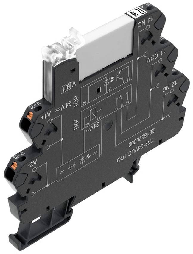 Een smal elektronisch schakelrelais met opschriften '24V', 'TOP' en 'TRP', toont aansluitklemmen en een transparant behuizingselement.