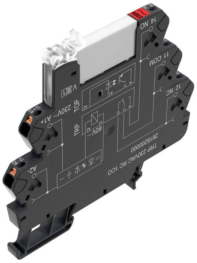 Een relais met een zwart behuizing en witte en rode markeringen, geschikt voor 230V AC spanning en 14-polige aansluitingen.