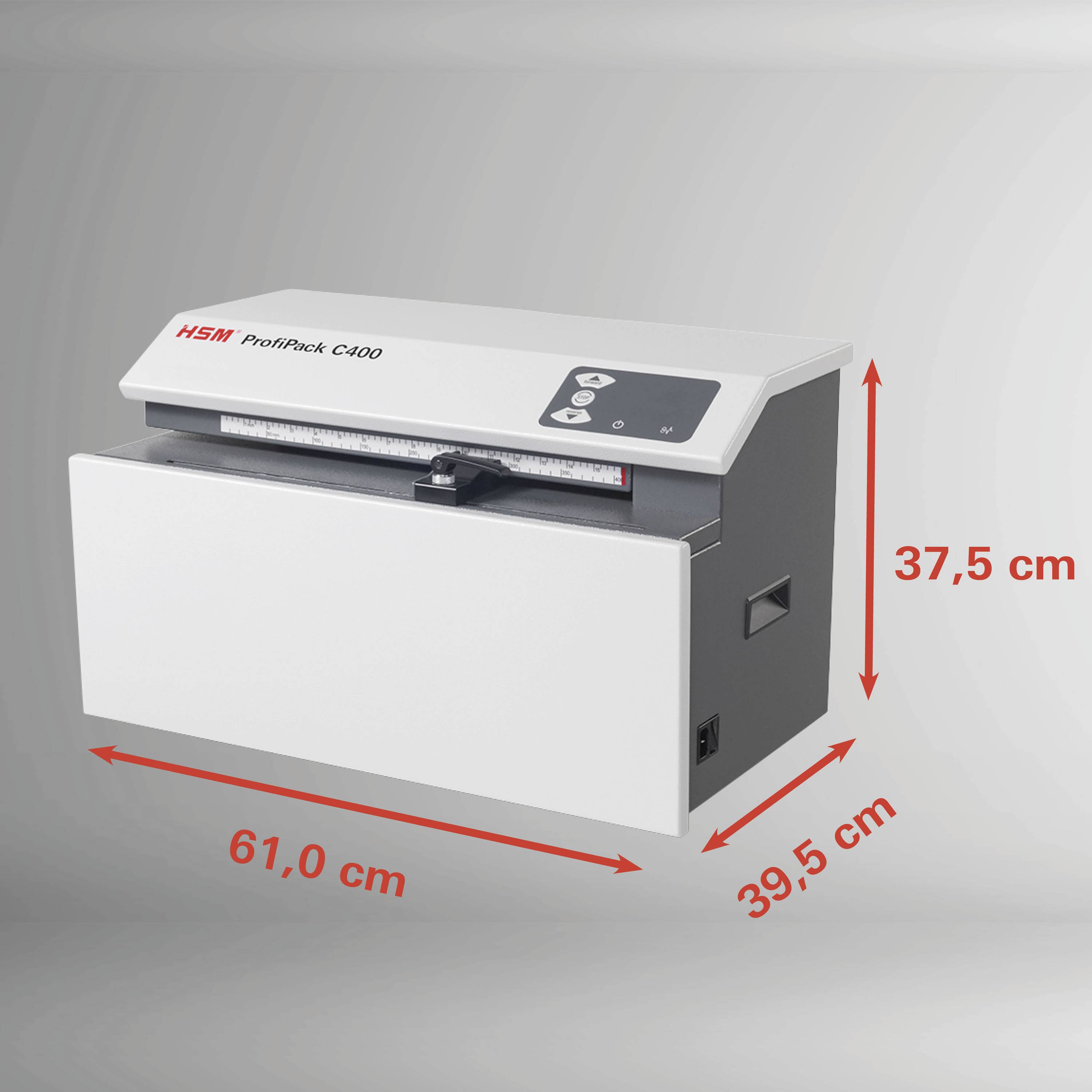 Een rechthoekige versnipperingsmachine gelabeld als 'ProfiPack C400' met afmetingen: 61,0 cm lang, 39,5 cm diep en 37,5 cm hoog, weergegeven op een grijze verlopende achtergrond.