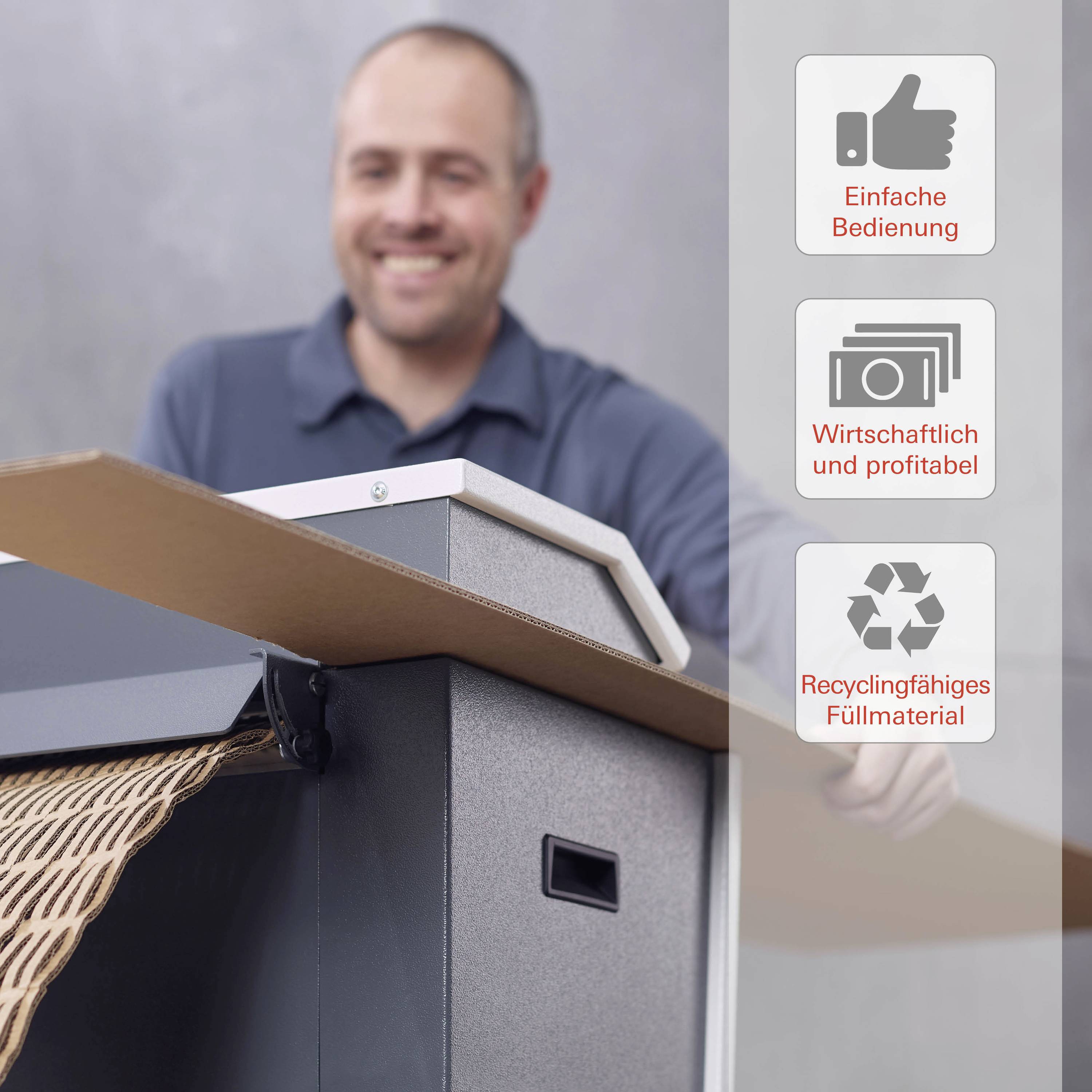 Een man bedient een verpakkingsapparaat. Rechts zijn symbolen: Duim omhoog met 'Eenvoudige bediening', bankbiljetten met 'Economisch en winstgevend', recycling-symbool met 'Recyclebaar vulmateriaal'.