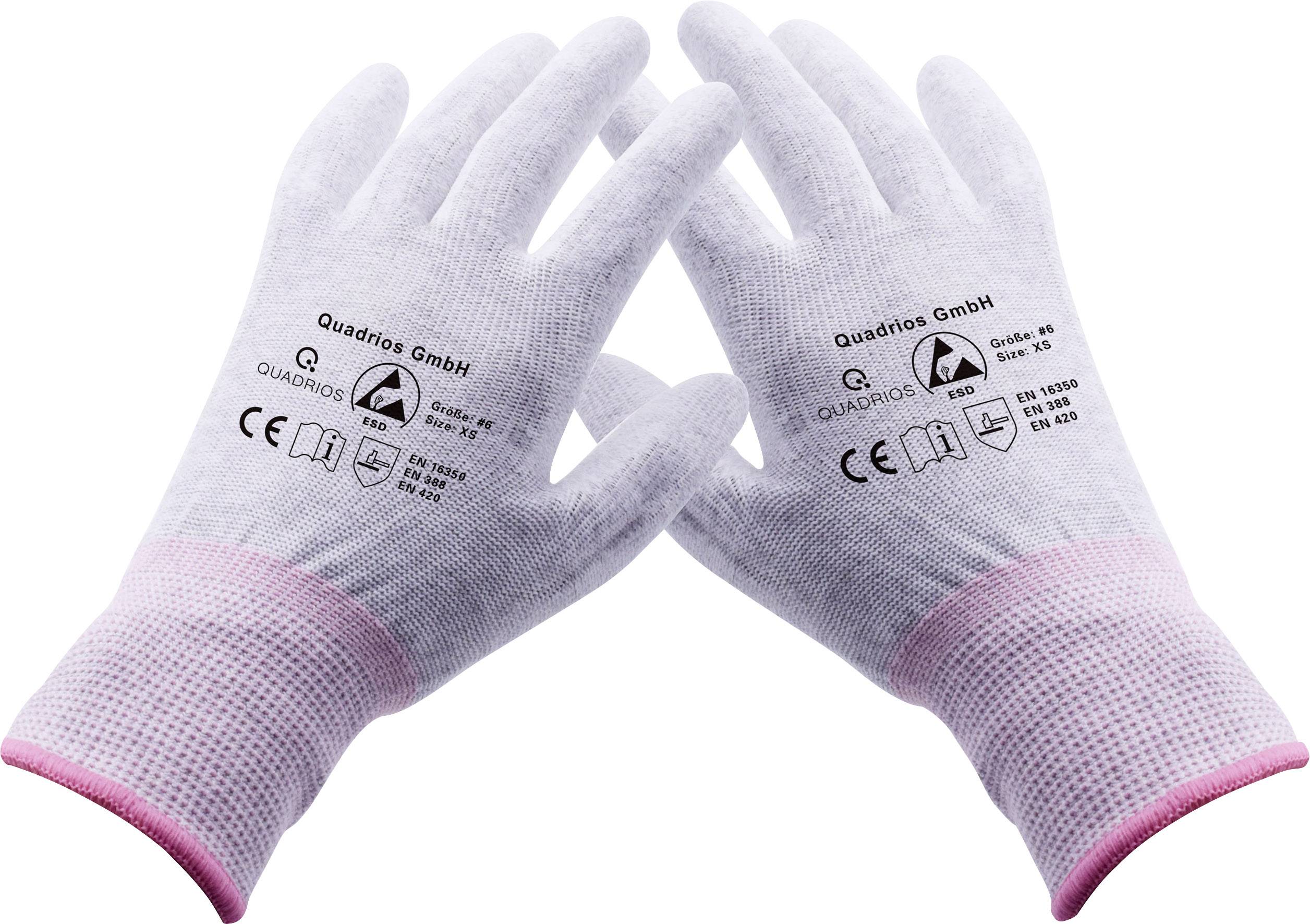 Twee witte werkhandschoenen met gedrukte veiligheidscertificaten en het logo van 'Quadrios GmbH'.