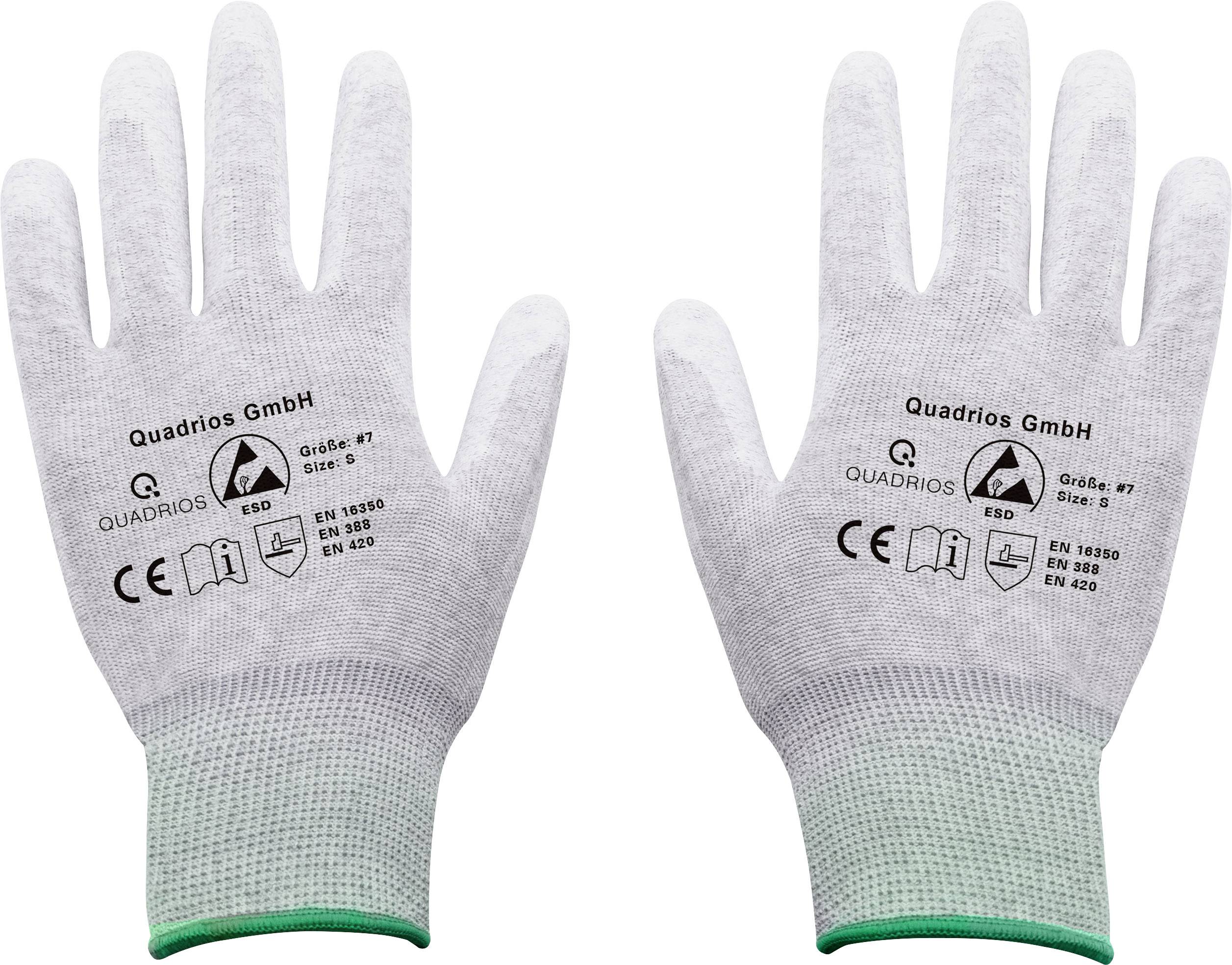 Twee grijze werkhandschoenen met opdruk 'Quadrios GmbH', 'Glide Hi', ESD-symbolen, CE-markering en normaanduidingen EN 388, 16380, EN 420.