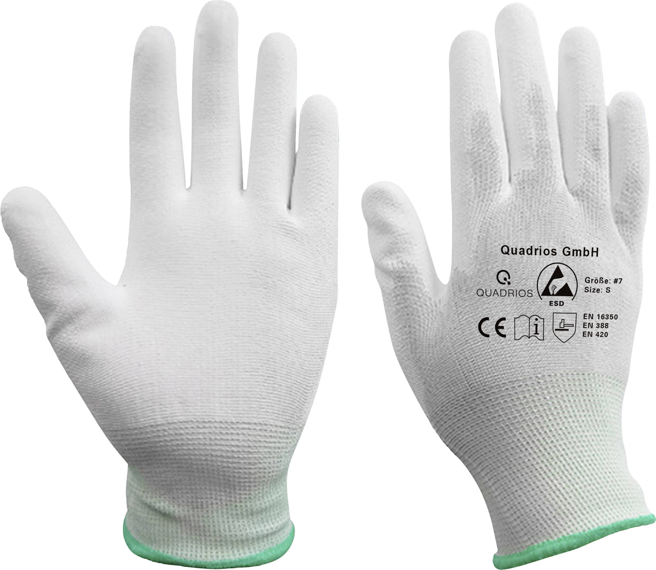 Twee witte handschoenen met groene manchet. Op één handschoen staat: 'Quadrios GmbH', 'Maat: #7', en verschillende normen.