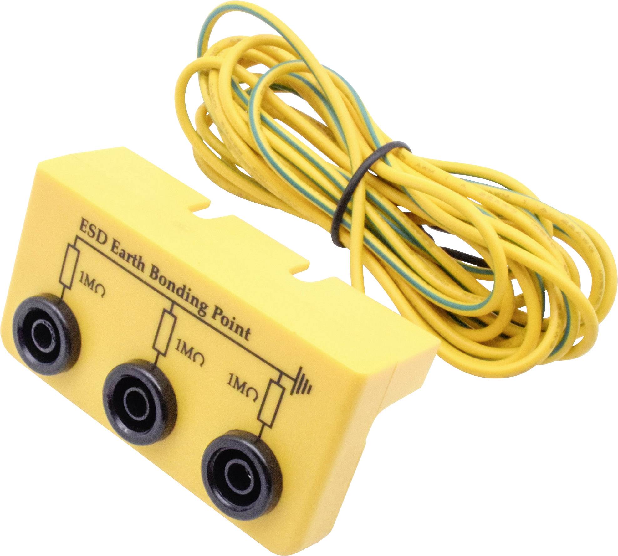 Geel ESD-aardingsverbindingspunt-apparaat met drie aansluitingen en bijbehorende kabel, gebruikt voor het afleiden van statische elektriciteit.