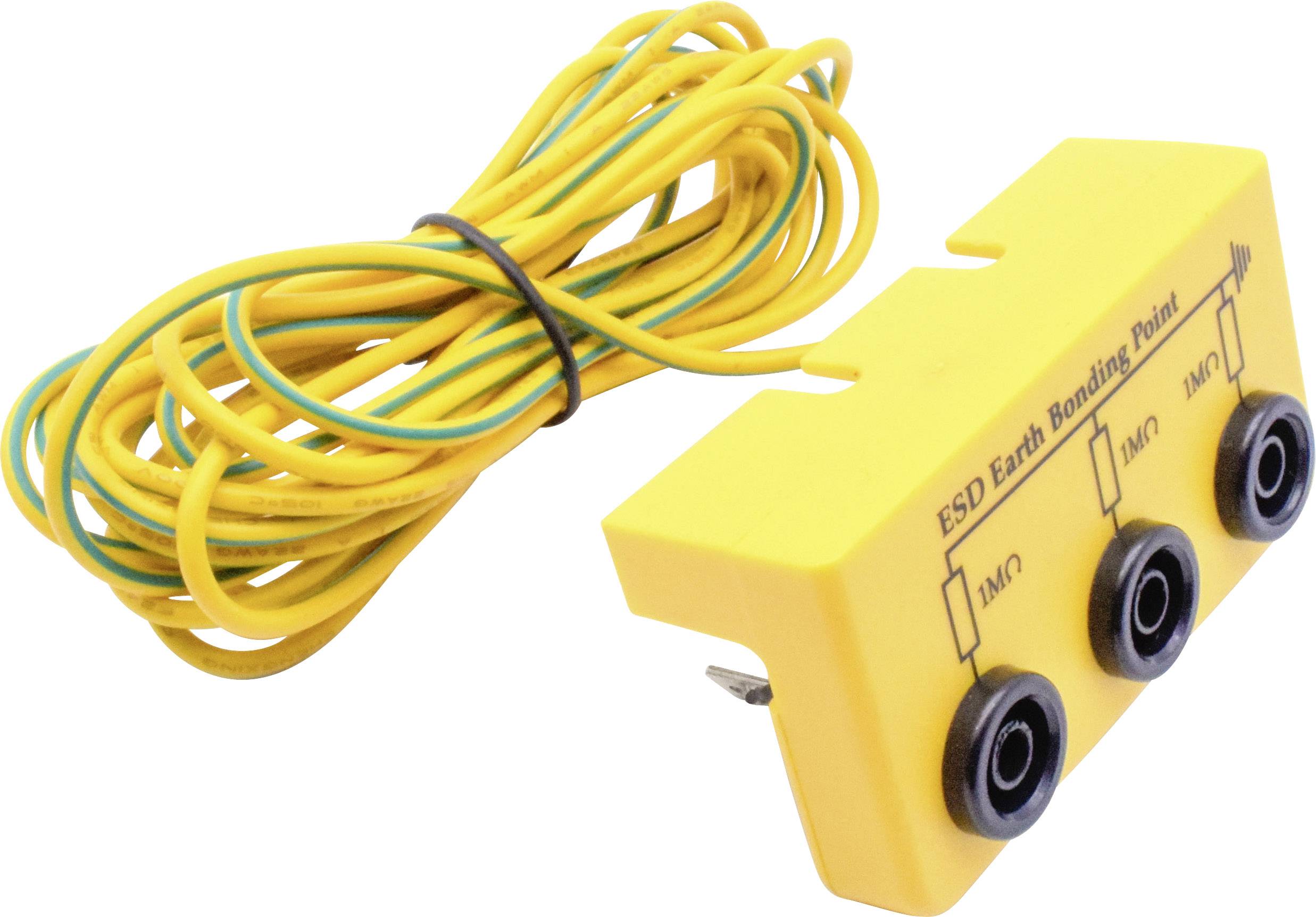 Geel ESD-aardingspuntmodule met drie aansluitingen en een lang geel-groen kabel.