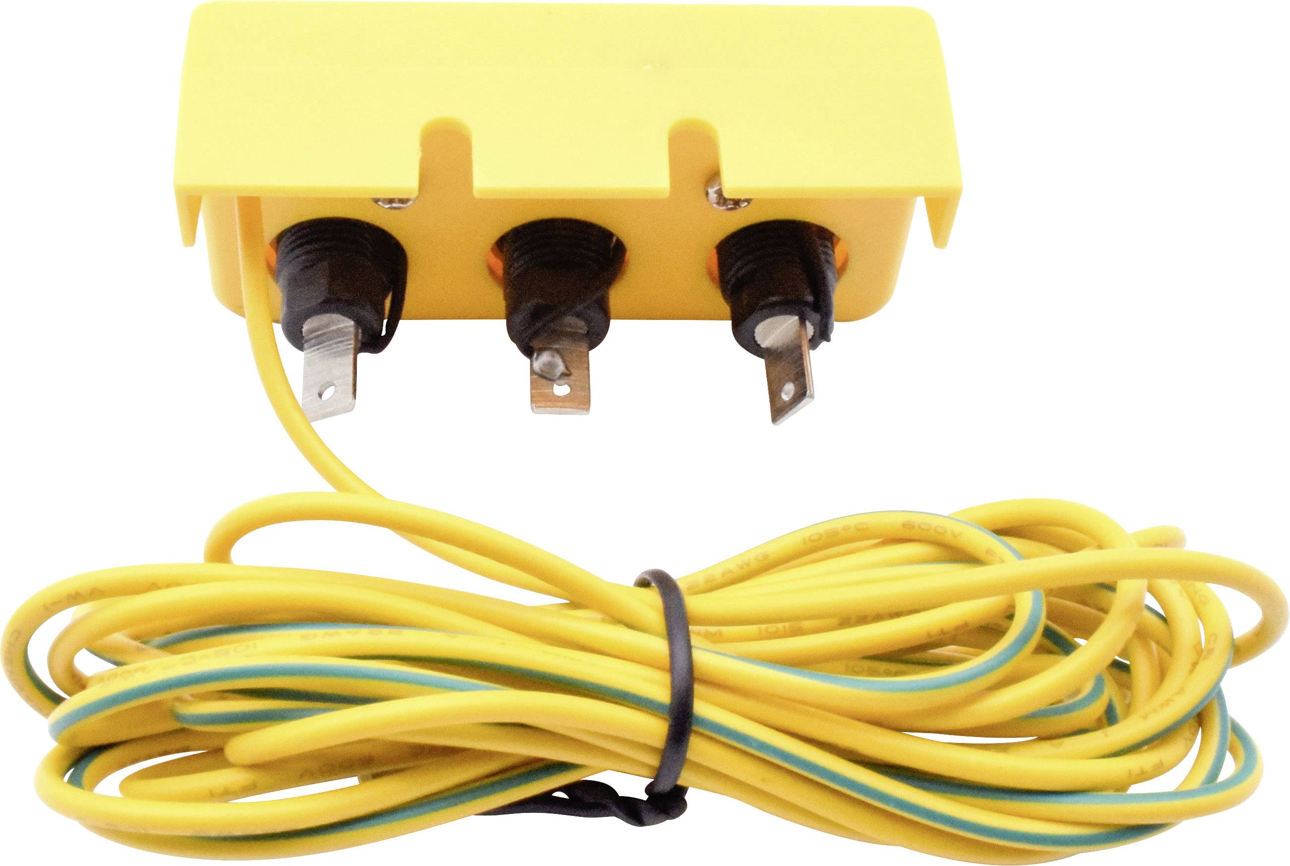 Geel elektrisch relais met drie aansluitingen; daaronder een gebundelde geel-groene kabel.